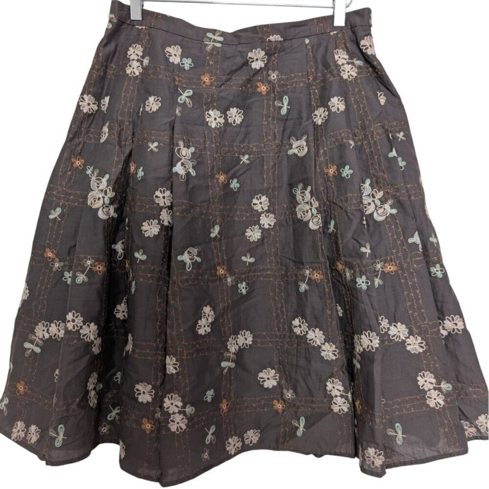 NEW Anne Klein Embroidered Floral Skirt Womens Size 12 Brown Metallic Cottage